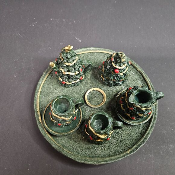 Vtg 1997 Christmas Miniature Tea Set Christmas Tree Teapot Cups Saucers - Picture 4 of 9